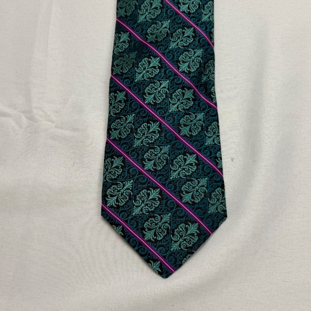 Ted Baker Necktie 60" x 3.25" Green Teal Damask Paisley Silk Made in USA